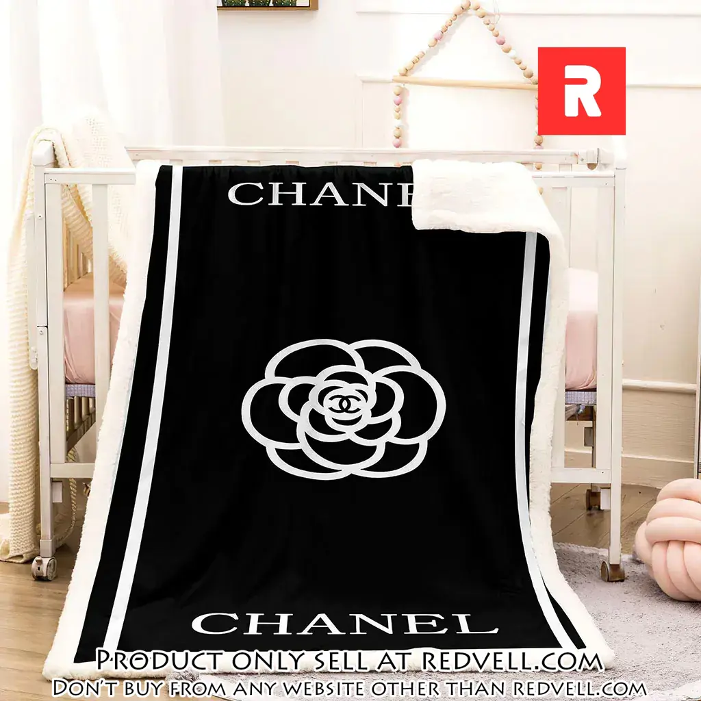 Chanel white flower black luxury brand premium blanket fleece home decor rv3906548